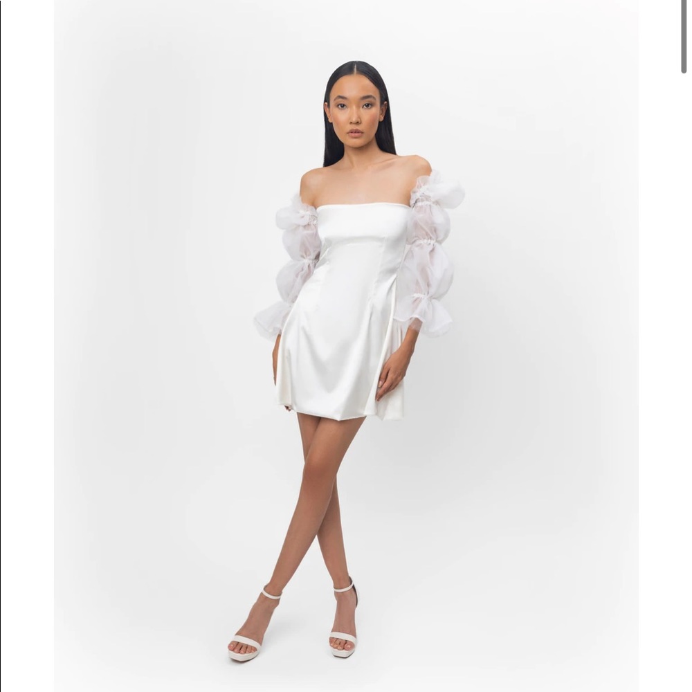 Lurelly White Off-Shoulder Mini Dress with Puff Organza Sleeves Cloud Silk